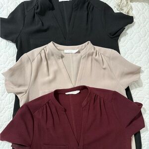 Lush Women's V-Neck Blouses - Black, Cream, Burgundy set of 3